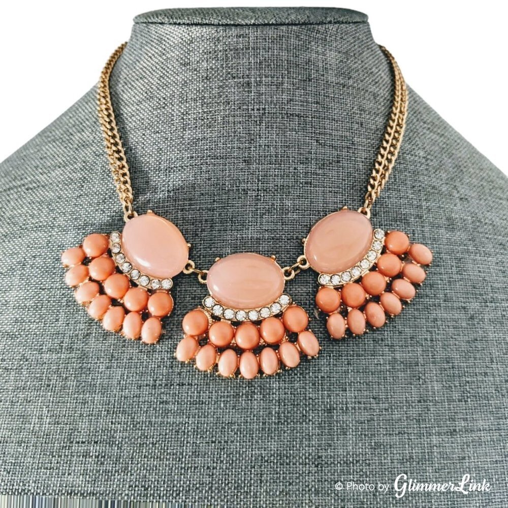 Light Pink Peach Gold Tone Jeweled Statement Necklace
